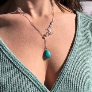 WESTERN NECKLACE Silver Leaf with Turquoise Pendant- Earthy NWOT Boho Cowgirl